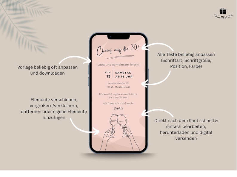 Informationen zur möglichen Gestaltung der personalisierbaren Canva Vorlage für eine digitale Einladung zum Geburtstag