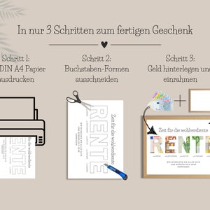 Beschreibung der drei Schritte zur Erstellung eines Geldgeschenks zur Rente mithilfe der PDF-Vorlage zum selber ausdrucken
