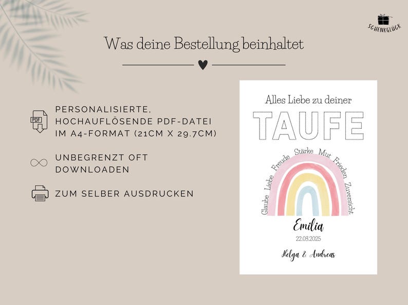 Bestelldetails zur PDF-Vorlage für ein Geldgeschenk zur Taufe Mädchen vom Etsy-Shop SchenkGlueck