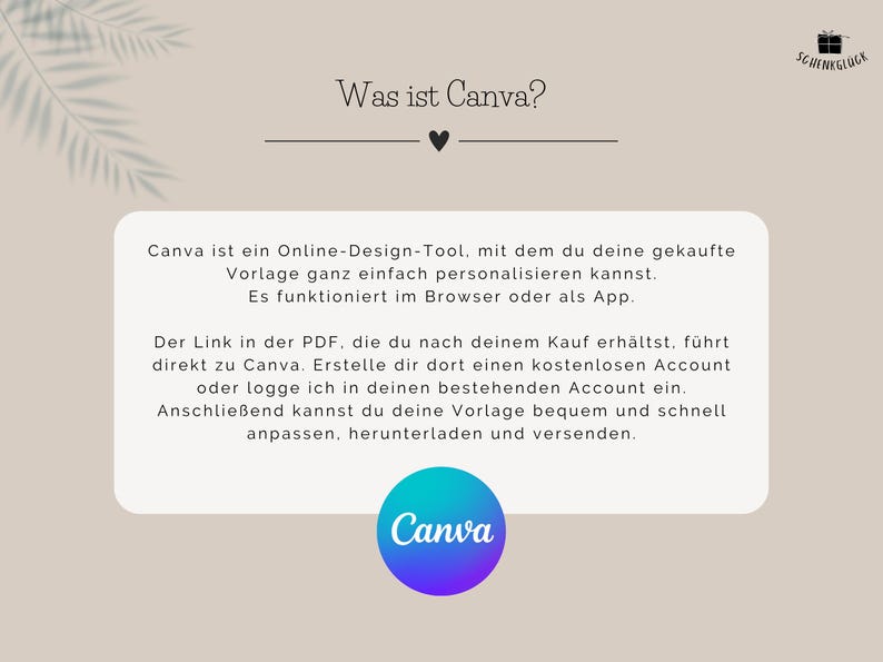 Ein kurzer Informationstext zum Tool Canva, mit welchem die Kunden die Vorlage für eine Einladung zum Geburtstag selber personalisieren können.
