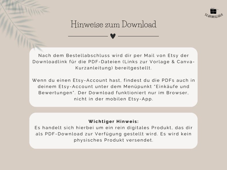 Hinweise zum Download der PDF-Dateien beim Kauf der Canva-Vorlage für eine digitale Einladung zum Geburtstag