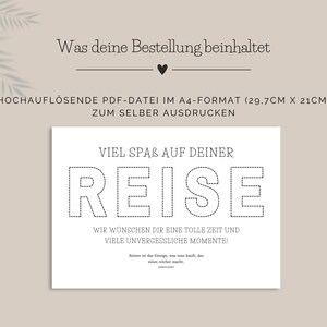 Bestelldetails zu einer PDF-Vorlage für ein Geldgeschenk Reisekasse