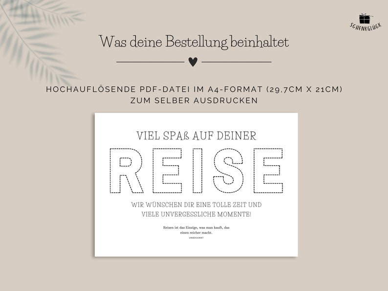 Bestelldetails zu einer PDF-Vorlage für ein Geldgeschenk Reisekasse