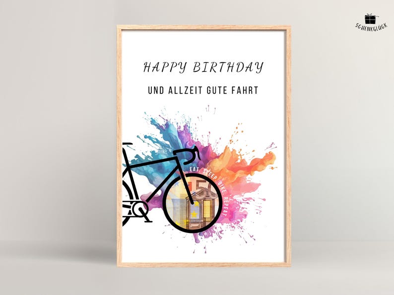 Geldgeschenk Fahrrad Geburtstag in einem hellen Holzbilderrahmen