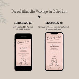 Darstellung der in der Bestellung enthaltenen Größenvarianten 1080x1920px und 1125x2436px der digitalen Einladung zum Geburtstag.