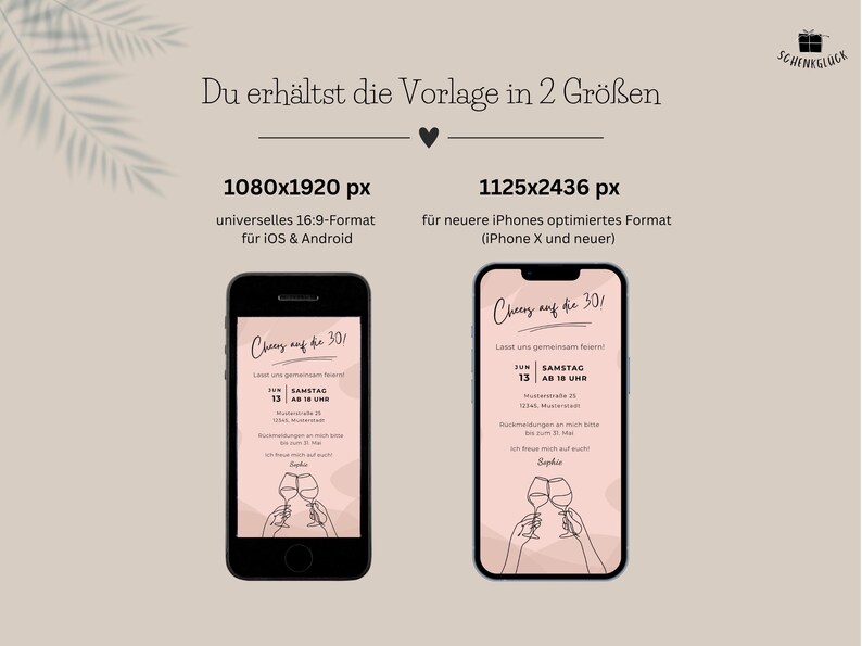 Darstellung der in der Bestellung enthaltenen Größenvarianten 1080x1920px und 1125x2436px der digitalen Einladung zum Geburtstag.