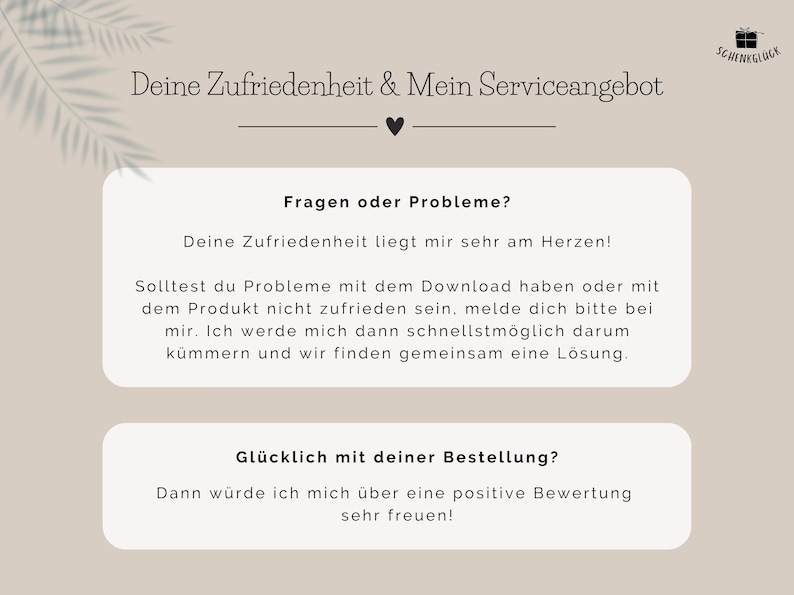 Informationen zum Kundenservice des Etsy-Shops SchenkGlueck