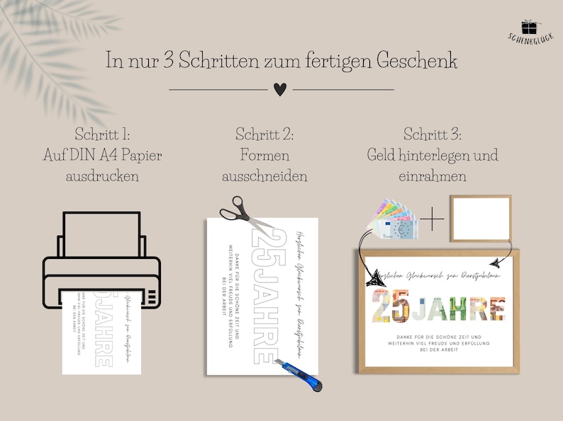 Anleitung zum Basteln eines Geschenks Dienstjubilaeum 25 Jahre mithilfe einer PDF-Vorlage vom Etsy-Shop SchenkGlueck