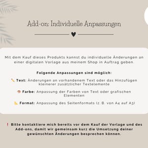 Könnte beinhalten: Beige Grafik mit dem Text "Add-on: Individuelle Anpassungen" und einem Herzsymbol. Der Text beschreibt Optionen zur Anpassung digitaler Vorlagen, einschließlich Text-, Farb- und Formatanpassungen. Ein Logo mit einer Geschenkbox befindet sich oben rechts.