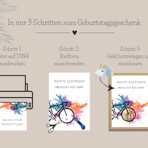 Beschreibung der Schritte, um mithilfe der PDF-Vorlage für ein Geldgeschenk Fahrrad Geburtstag ein fertiges Geschenk zu basteln