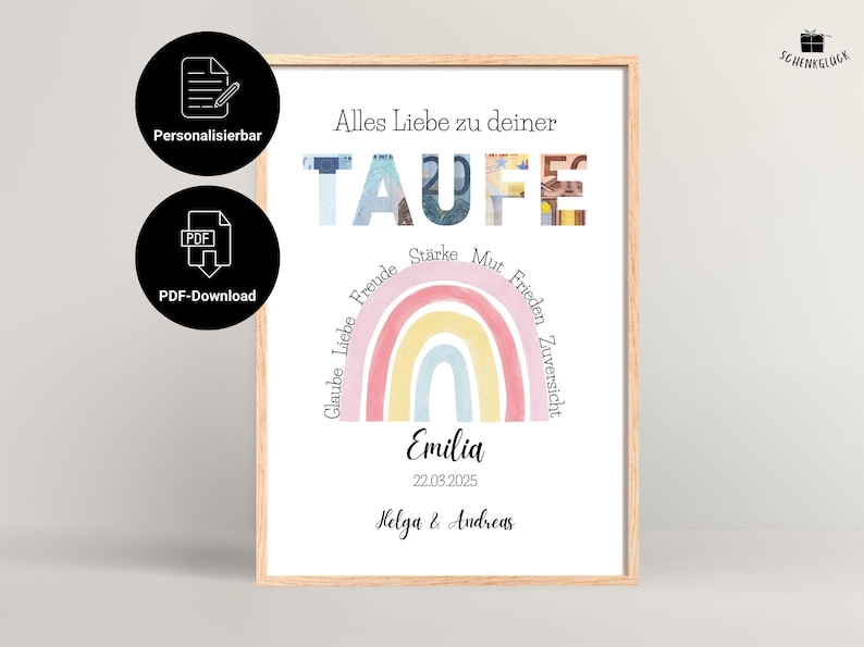 Personalisierbares Geldgeschenk zur Taufe Mädchen in einem hellen Holzbilderrahmen