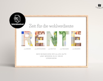Geldgeschenk Rente zum Ausdrucken | Abschiedsgeschenk für Kollegen zum Ruhestand | Pensionierung | Renteneintritt | Digital Download PDF A4
