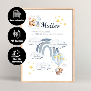 Planche de naissance personnalisée garçon à imprimer | Cadeau de naissance | Affiche de naissance | Cadeau de baby shower | Téléchargement numérique | PDF