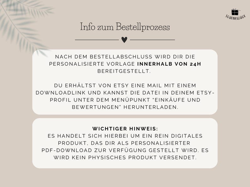 Infos zum Bestellprozess beim Kauf einer PDF-Vorlage für ein personalisierbares Taufgeschenk Mädchen beim Etsy-Shop SchenkGlueck