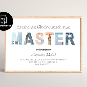 Puede incluir: Una tarjeta de felicitación imprimible con la palabra "MASTER" deletreada en billetes de euro. El texto dice "Herzlichen Glückwunsch zum MASTER of Disaster of Science (M.Sc.) WIR SIND STOLZ AUF DICH UND WÜNSCHEN DIR FÜR DEINEN WEITEREN WEG NUR DAS BESTE!"