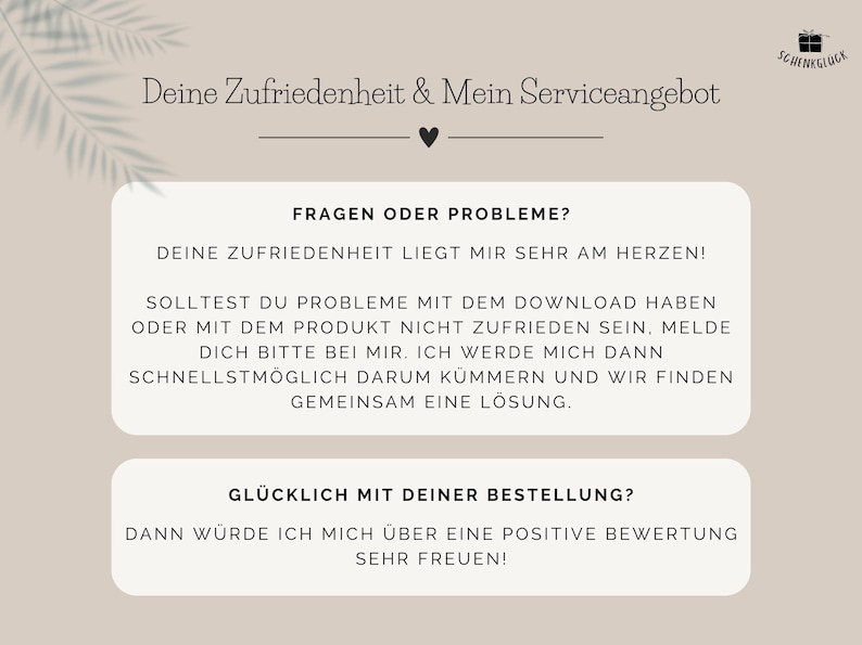 Hinweise zum Kundenservice beim Kauf einer PDF-Vorlage für ein Geschenk zum Jubilaeum beim Etsy-Shop SchenkGlueck