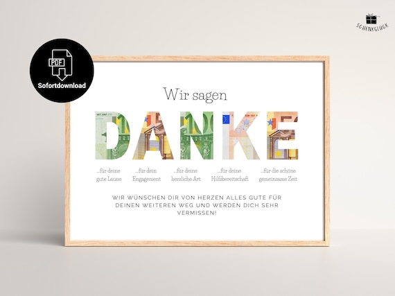 Abschiedsgeschenk Kollegin oder Kollege sofort verfügbar zum Ausdrucken | Danke | Ruhestand | Jobwechsel | PDF-Vorlage Geldgeschenk | A4