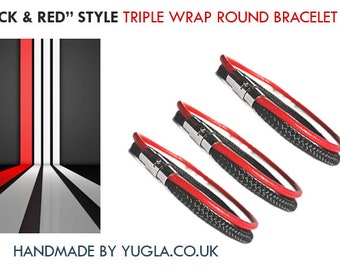 Genuine Leather Handmade Bracelet Double Wrap Magnetic Clasp Unique Stylish Design Red Black Colour