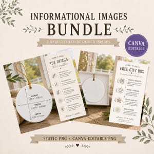 May include: A digital bundle of two informational images for a round ceramic ornament. One image shows the ornament with a gold string and dimensions of 2.75 inches height, 2.75 inches width, and 0.12 inches depth. The other shows a gift box.