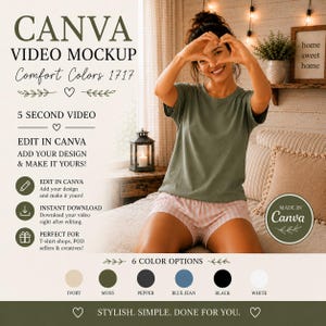 Könnte beinhalten: Eine digitale Canva-Videovorlage mit einem kurzärmeligen olivgrünen T-Shirt und hellrosa gestreiften Shorts. Die Grafik enthält Text wie CANVA VIDEO MOCKUP, Comfort Colors 1717 und 6 Farboptionen, darunter Elfenbein, Moos, Pfeffer, Blue Jean, Schwarz und Weiß.