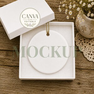 Round Ceramic Ornament Gift Box Mockup | Rustic Cottage-Core Christmas Ornament Styled Stock Photo | Canva Ornament Template Scene