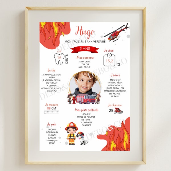 Affiche personnalisée enfant anniversaire thème pompier