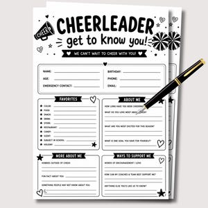 May include: A black and white printed questionnaire titled CHEERLEADER get to know you! with sections for personal details, favorites, and interests. A black pen with gold accents rests diagonally across the paper, which features icons of a megaphone, pom-poms, and hearts.