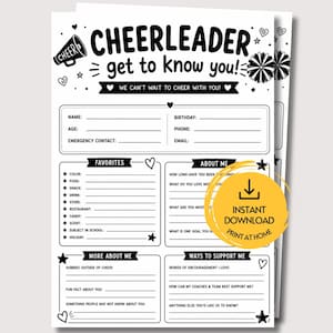 May include: A black and white printable cheerleader get to know you questionnaire sheet featuring sections for personal details, favourites, and team information, decorated with megaphone, pom-pom, and heart icons, with a yellow instant download badge.