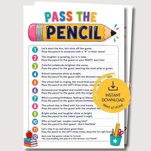 May include: A Pass the Pencil game card featuring a large yellow pencil graphic with the text PASS THE PENCIL. The card lists twelve numbered instructions for a party game, decorated with colorful icons including a stack of books and a pencil holder.