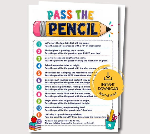 Pass the Pencil, Fun Printable Classroom Game for Students & Teachers, First Day of School Activity for Kids, Teacher Back to School Game