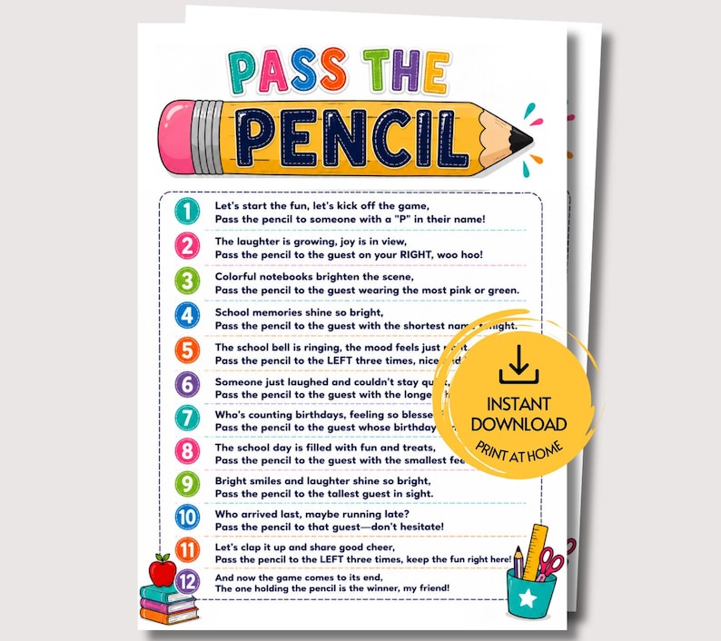 Pass the Pencil, Fun Printable Classroom Game for Students & Teachers, First Day of School Activity for Kids, Teacher Back to School Game