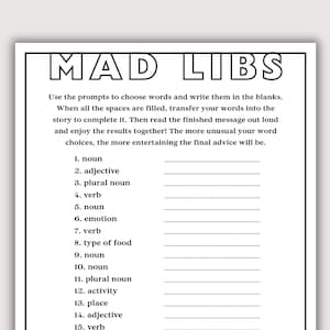 K&ouml;nnte beinhalten: Ein schwarz-wei&szlig;es Mad Libs-Spielblatt. Der Titel "MAD LIBS" steht oben. Anweisungen werden bereitgestellt, gefolgt von nummerierten Eingabeaufforderungen f&uuml;r Substantive, Adjektive, Verben und mehr. Das Blatt ist f&uuml;r interaktives Wortspiel konzipiert.