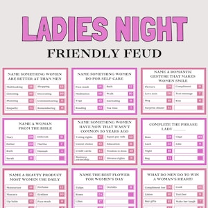 Puede incluir: Un tablero de juego titulado "Ladies Night Friendly Feud" con varias categorías de preguntas. Las preguntas incluyen temas como las fortalezas de las mujeres, el autocuidado, los gestos románticos y los productos de belleza. El juego está diseñado para una noche divertida.