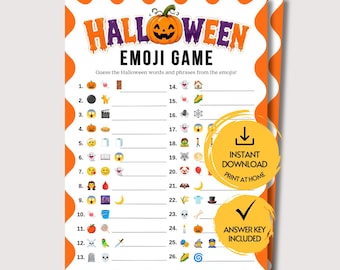 以下が含まれることがあります： オレンジと白のスカラップボーダーが特徴のハロウィン絵文字ゲームのアクティビティシート。ヘッダーにはジャック・オー・ランタンと「HALLOWEEN EMOJI GAME」の文字が記載されています。26個の番号付きの行があり、絵文字の組み合わせから言葉を当てる形式になっています。