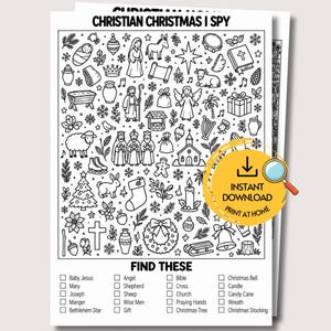 May include: A black and white printable activity sheet titled CHRISTIAN CHRISTMAS I SPY featuring various holiday and religious line art illustrations like a manger, angel, and wise men, with a checklist at the bottom to find specific items.