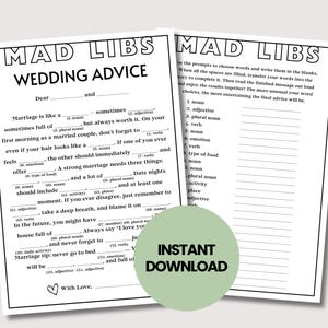 K&ouml;nnte beinhalten: Zwei schwarz-wei&szlig;e Mad Libs-Seiten mit Hochzeitsratschl&auml;gen. Der Text enth&auml;lt L&uuml;cken zum Ausf&uuml;llen f&uuml;r Substantive, Adjektive und Verben. Ein gr&uuml;ner Kreis mit "SOFORT-DOWNLOAD" befindet sich unten rechts.