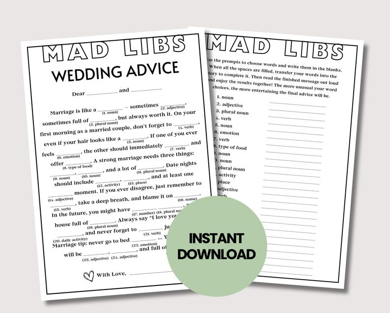 K&ouml;nnte beinhalten: Zwei schwarz-wei&szlig;e Mad Libs-Seiten mit Hochzeitsratschl&auml;gen. Der Text enth&auml;lt L&uuml;cken zum Ausf&uuml;llen f&uuml;r Substantive, Adjektive und Verben. Ein gr&uuml;ner Kreis mit "SOFORT-DOWNLOAD" befindet sich unten rechts.