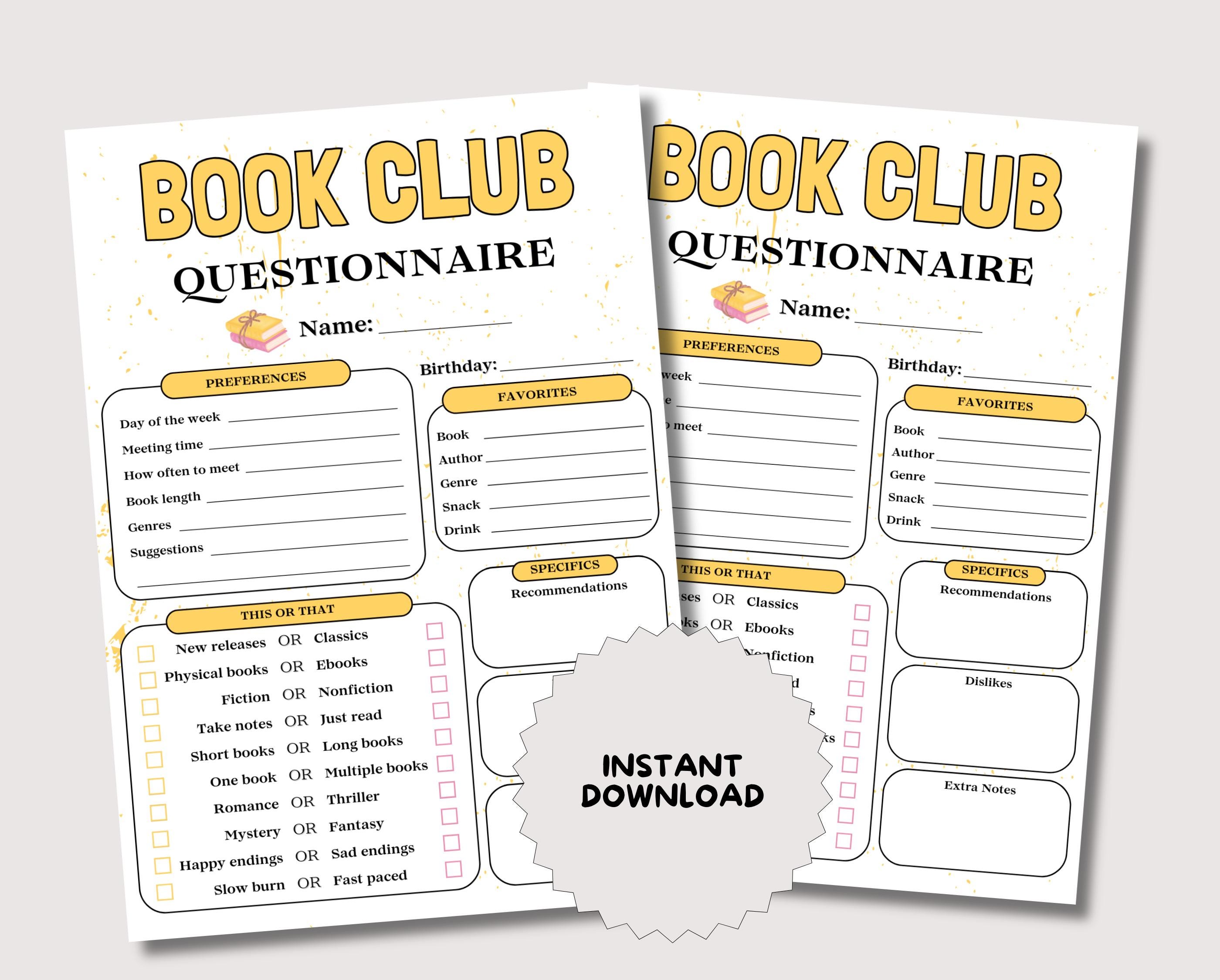 Book Club Questionnaire, Fun Printable All About Me Book Club Activity ...