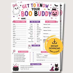 May include: A white printable activity sheet titled GET TO KNOW YOUR BOO BUDDY with pink, orange, and black text. It features illustrations of a ghost, a pink pumpkin, a black cat, and a cauldron. The sheet includes sections for personal favourites, this or that choices, preferences, and goals.