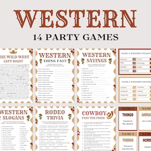 Op de afbeelding: Een verzameling afdrukbare Western-thema partyspellen, waaronder trivia, gezegden en een "Cowboy Pass the Prize" spel. Het ontwerp heeft een bruin lettertype en decoratieve elementen.