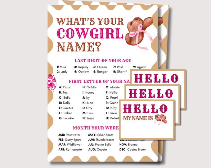 Whats Your Cowgirl Name Game, Printable Cowgirl Birthday Party Game for ...