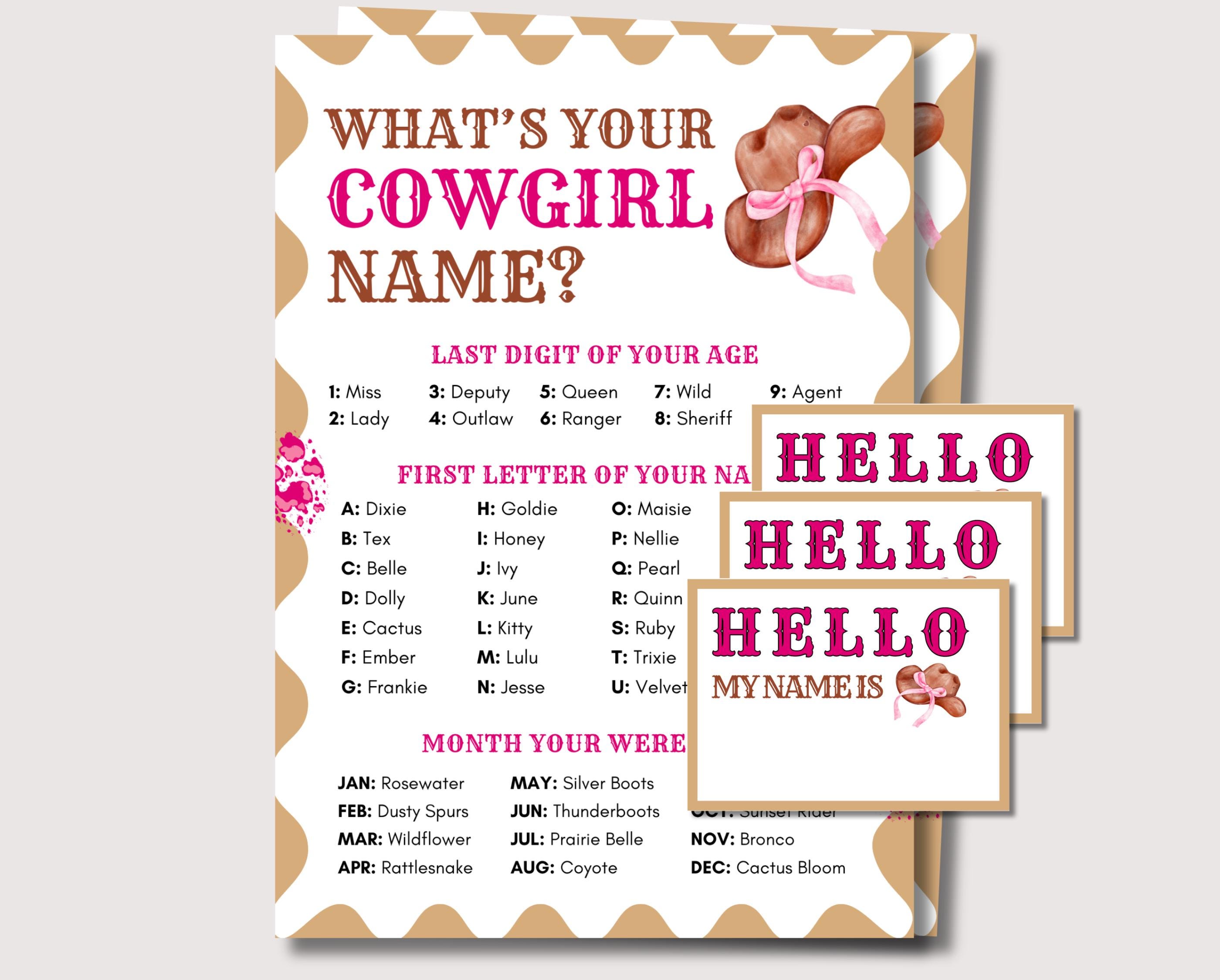 Whats Your Cowgirl Name Game, Printable Cowgirl Birthday Party Game for ...