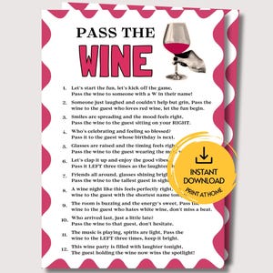 Könnte beinhalten: Eine rechteckige Spielkarte mit dem Titel PASS THE WINE und einem rosa gewellten Rand. Sie zeigt eine Grafik einer Hand, die ein Weinglas hält, sowie zwölf nummerierte Anweisungen für ein Partyspiel. Ein gelbes rundes Abzeichen zeigt INSTANT DOWNLOAD.