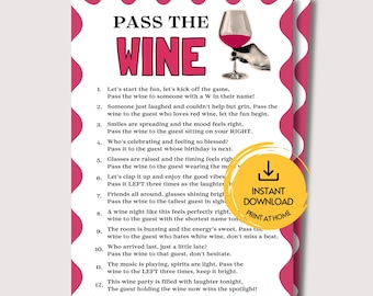 Peut inclure: Une carte de jeu rectangulaire intitulée PASS THE WINE avec une bordure festonnée rose. Elle présente un graphique d'une main tenant un verre de vin et douze instructions numérotées pour un jeu de société. Un badge jaune indique INSTANT DOWNLOAD.