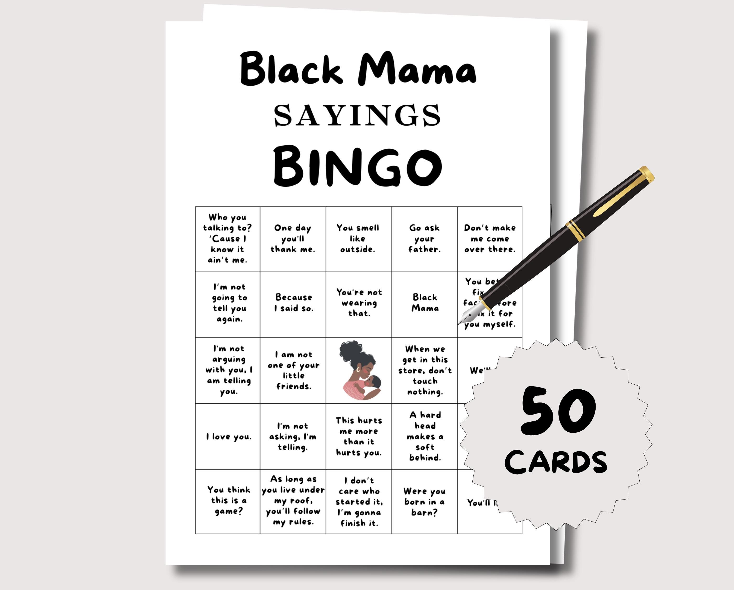 Black Mama Sayings Game Bingo Black Mama Sayings, Black Momma Sayings Babyshowerspel, Black Mama Sayings-spel, Black Mama Sayings-spel, moederzin, babyshowerbingo