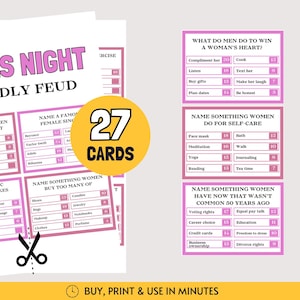 Peut inclure: Un ensemble de 27 cartes de jeu imprimables pour un jeu de type Friendly Feud pour soir&eacute;e entre filles. Les cartes pr&eacute;sentent des bordures roses et des fonds blancs avec du texte noir, incluant des questions et des scores. Une ic&ocirc;ne de ciseaux est visible.