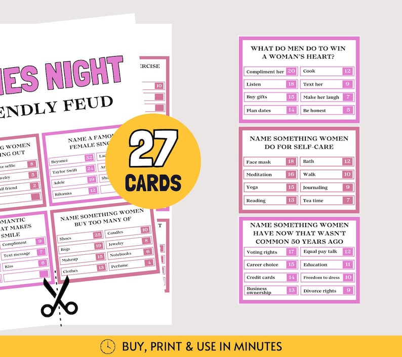 Peut inclure: Un ensemble de 27 cartes de jeu imprimables pour un jeu de type Friendly Feud pour soir&eacute;e entre filles. Les cartes pr&eacute;sentent des bordures roses et des fonds blancs avec du texte noir, incluant des questions et des scores. Une ic&ocirc;ne de ciseaux est visible.