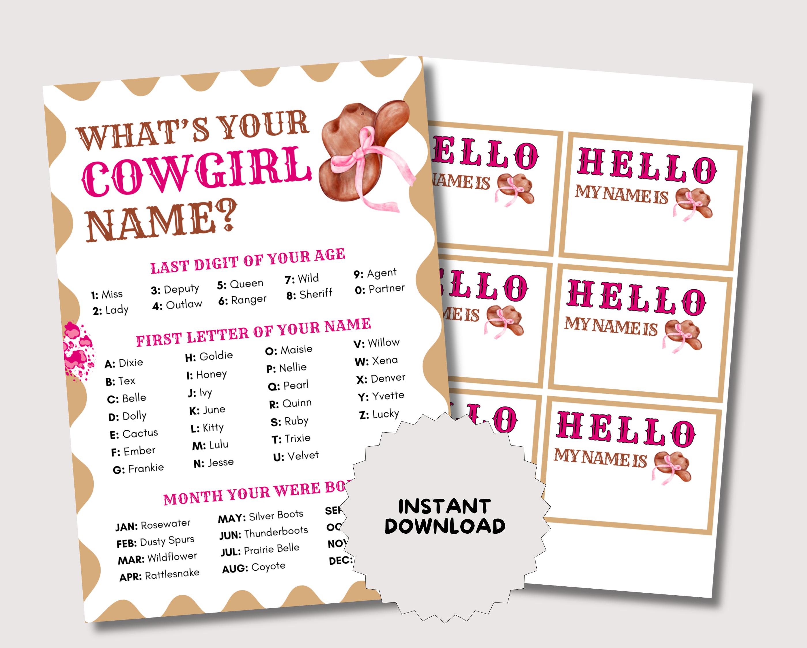 Whats Your Cowgirl Name Game, Printable Cowgirl Birthday Party Game for ...