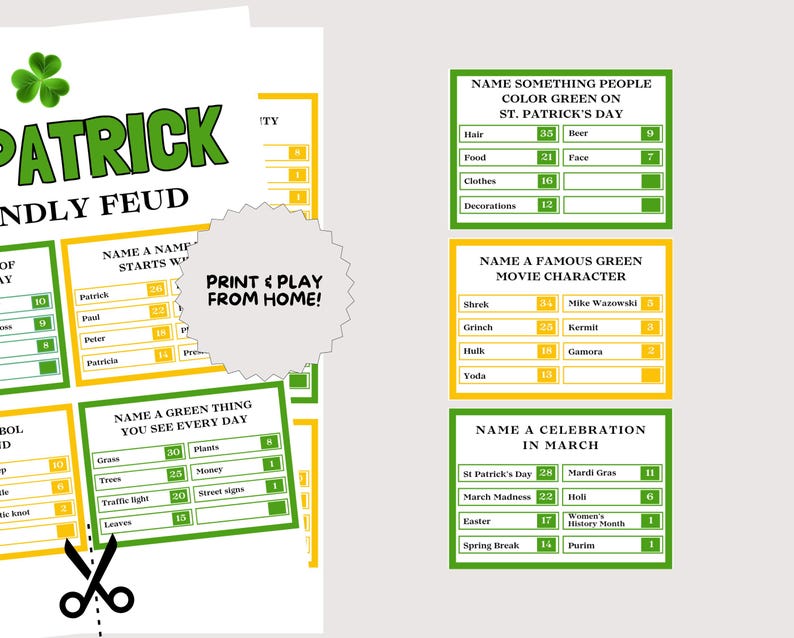 May include: Printable St. Patrick's Day Friendly Feud game sheets. The sheets feature green and yellow boxes with trivia questions and answers. The text "Print & Play From Home!" is also visible.