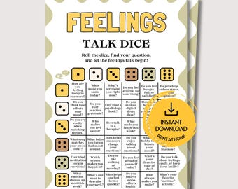 Gra w kości „Features Talk”, gra do druku o zdrowiu psychicznym dla nastolatków, dzieci i dorosłych, gra terapeutyczna dla grup emocjonalnych, aktywność w dbaniu o siebie i dobre samopoczucie